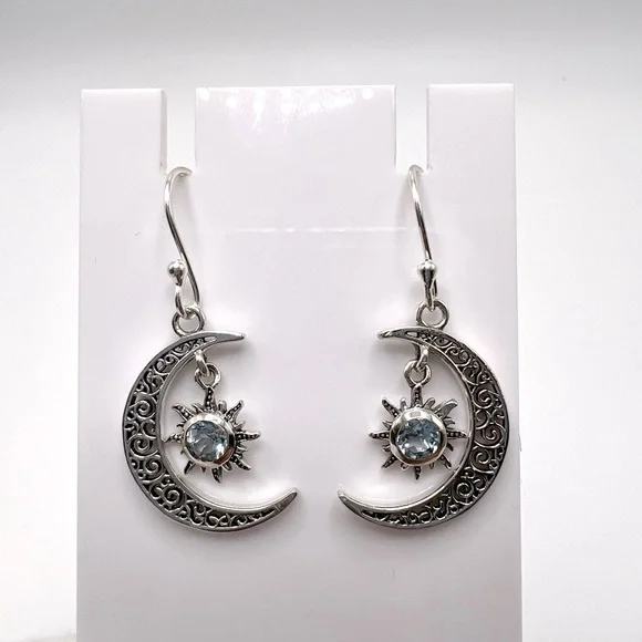 Genuine Blue Topaz .925 Sterling Silver Moon and Sun Earrings - Picture 4 of 14